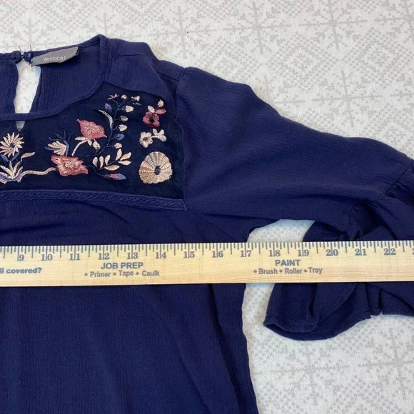 Yessica Embroidered Mesh Yoke Bell Sleeve Blouse Women EUR 38 M Navy Blue Boho - Picture 8 of 10